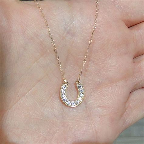 Lucky Horseshoe Necklace 14k Solid Gold Cubic Zirconia Celebrity