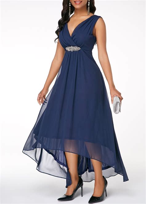 Sleeveless V Back High Low Navy Blue Dress Usd 3600 In 2021 Womens Fashion
