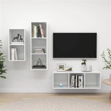 3 Piece Tv Cabinet Set High Gloss White Chipboard Home And Garden