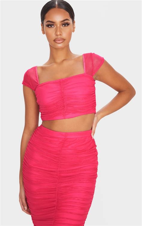 Hot Pink Mesh Ruched Front Crop Top Two Piece Sets