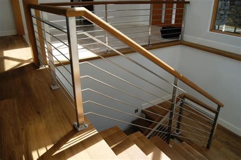 Modern minimalist 2x1 custom wrought iron hand rail, stair step railing, made to order, made in the usa. Oak & Stainless Steel Interior Railing - Contemporary - Staircase - Vancouver - by Avilion ...