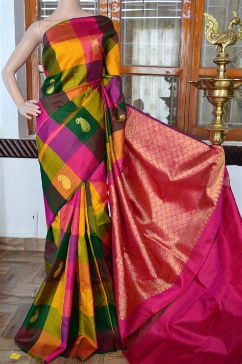 Multi Colour Checks Pure Silk Pure Zari Kanchivaram Silk Saree Code Cost 13200 Inr Mail Va