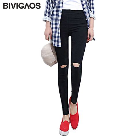 Bivigaos Korean Womens Knee Ripped Hole Pencil Pants Slim Skinny Thin Stretch Woven Leggings