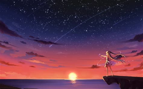 Hatsune Miku Sunset Scenic Stars Ocean Cliff Vocaloid For Macbook