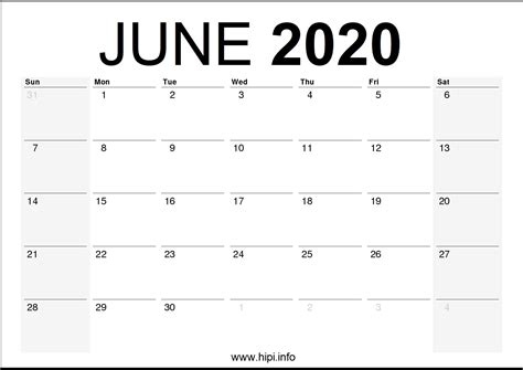 June 2020 Calendar Printable Monthly Free Download