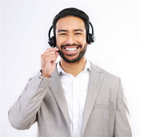Customer Support Consulting Face Portrait And Happy Man Telemarketing