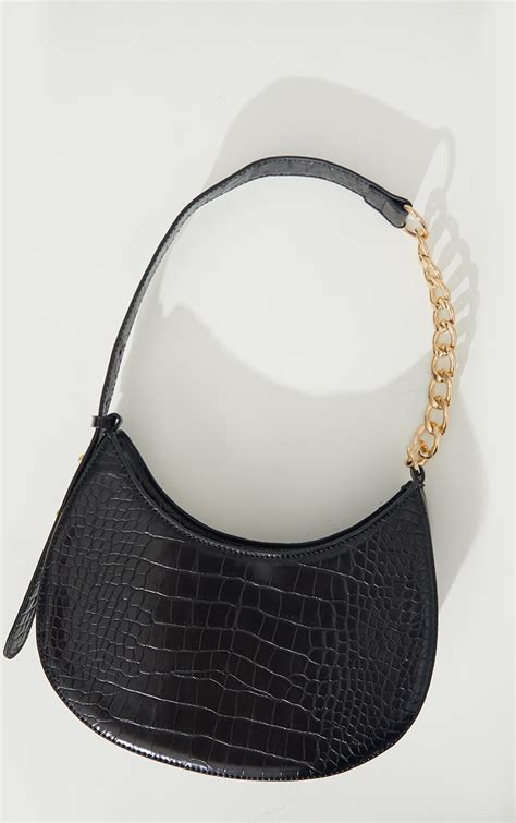 Black Croc Crescent Mixed Chain Strap Shoulder Bag Prettylittlething Uae