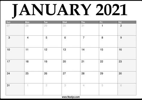 2021 January Calendar Printable Download Free Noolyo Calendar