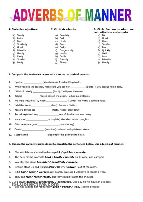 Adverbs Of Manner Adverbs Worksheet Grammar Worksheets Adverbs
