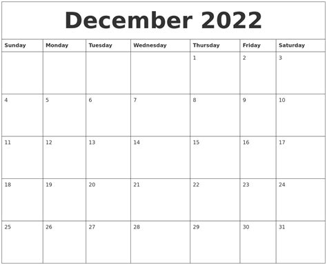 December 2022 Calendar Print Out