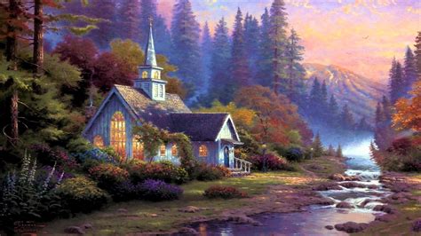 Artistic Church Colorful Forest Mountain Painting Wallpaper 1920x1080