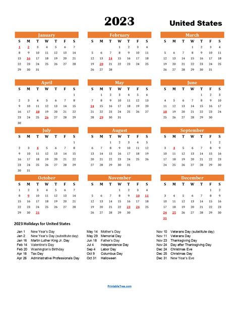 2023 One Page Printable Holiday List Calendar Presentation Report