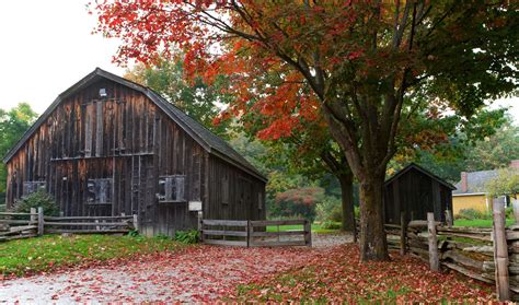 Old Barn And Autumn Leaves Rural Landscape Travel And Tourism
