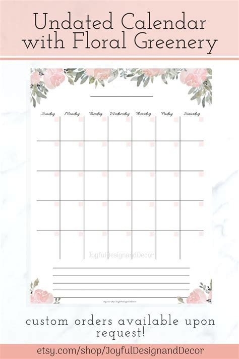 Blank Monthly Calendar With Flowers Printable Floral Planners Undated