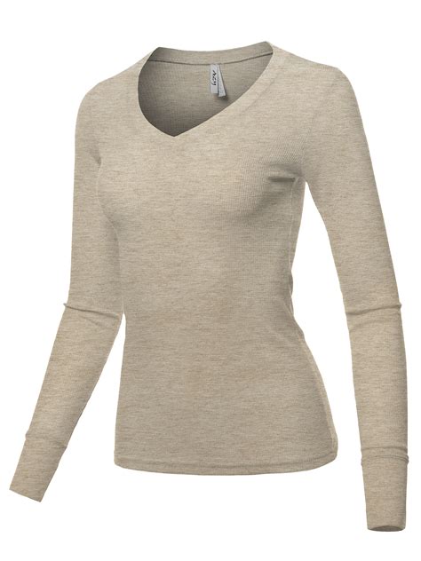 A2y Womens Basic Solid Long Sleeve V Neck Fitted Thermal Top Shirt Oatmeal M