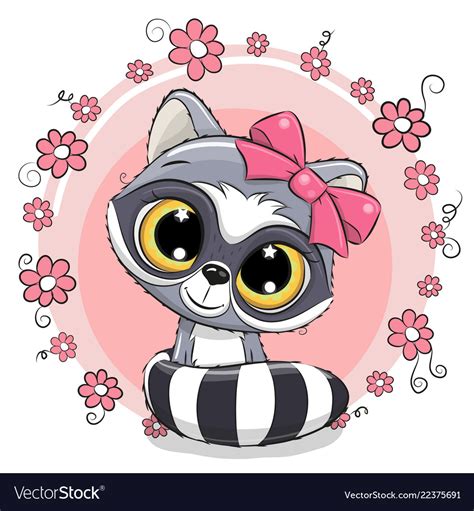 Greeting Card Raccoon Girl With Flowers Royalty Free Vector