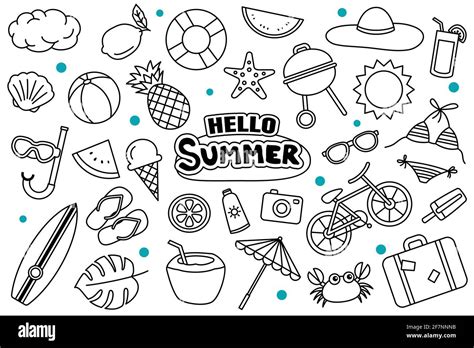 Hello Summer Doodle On White Background Summer Hand Drawn Symbols And