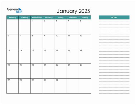 January 2025 Monday Start Calendar Pdf Excel Word