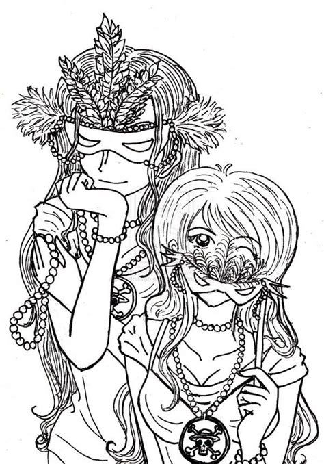 One Piece Anime Girls On Mardi Gras Costume Coloring Page