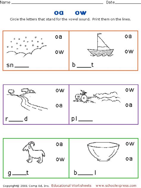 The worksheets on this page have words with both the short a and long a vowel sounds. Oa / Ow Worksheet for Kindergarten - 1st Grade | Lesson Planet