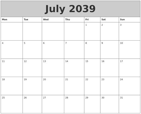 July 2039 My Calendar