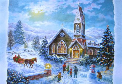 Nicky Boehme Country Church Snow Scene Horse Sleigh