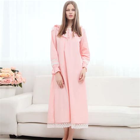 Long Sleeve Mid Calf Long Nightgown Women Cotton Nightgown Long Pink Nightgown With Lace Elegant