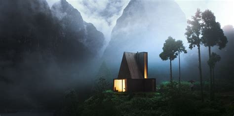 Cabin Forest Wood Night Mountains Lights House Mist Hd