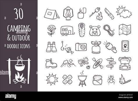 Camping And Hiking Equipment Doodle Icons Set Collection Of 30 Forest