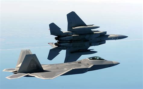 Two Gray Fighter Planes F 22 Raptor F 15 Eagle Military Aircraft Hd