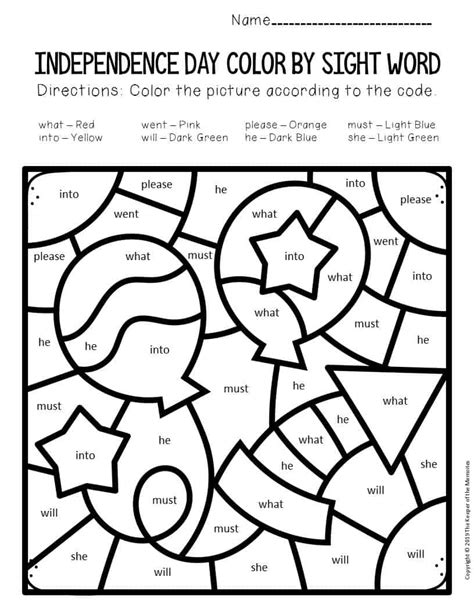 Color By Sight Word Independence Day Kindergarten Worksheets