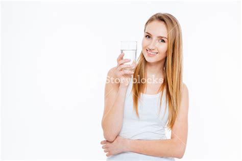 Happy Cute Woman Holding Glass With Water Isolated On A White