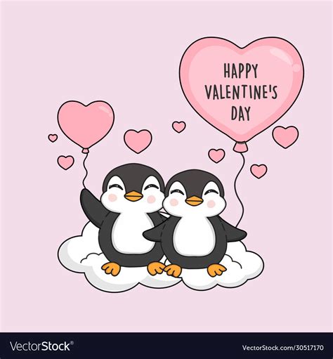 Happy Valentines Day Card Cute Cartoon Penguins Vector Image