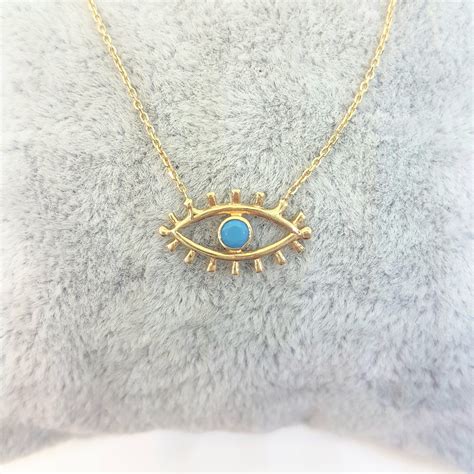 14K Real Solid Gold Turquoise Evil Eye Necklace For Women