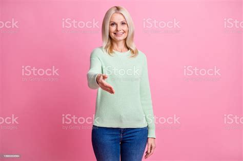 Photo Of Sweet Friendly Mature Woman Dressed Green Pullover Smiling
