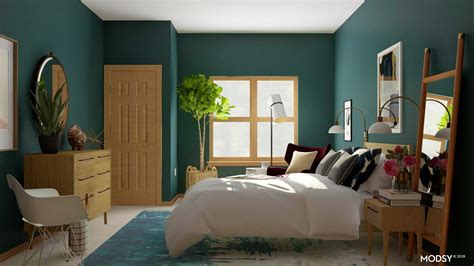 Notice the bedside lamps, which are the same shape but contrasting colors. Sophisticated Mid-Century Modern Bedroom In Jewel Tones | Mid-Century Modern-Style Bedroom Desig ...