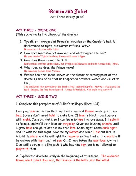 Romeo and juliet act 3 study guide answers. RJ Act 3 Study Guide with answers.doc