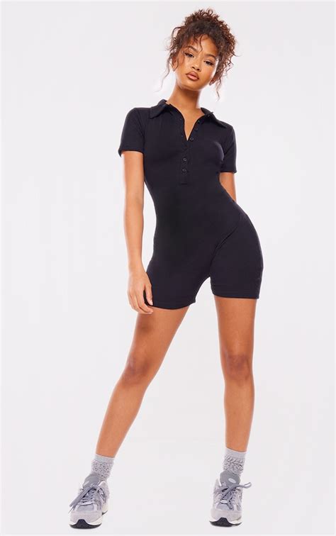 Black Ribbed Collar Detailed Playsuit Prettylittlething