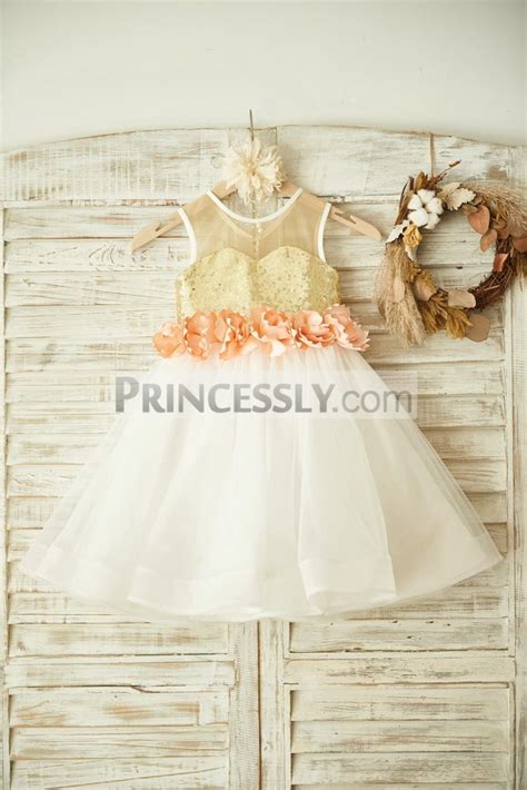 Sheer Gold Sequin Ivory Tulle Flower Girl Dress With Peach Pink Flowers Avivaly