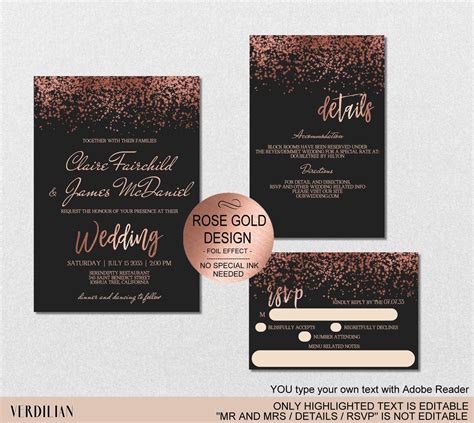 Black Rose Gold Wedding Invitation Template Set Diy Etsy