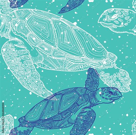 Seamless Pattern With Sea Turtles Marine Life Doodling Mandala