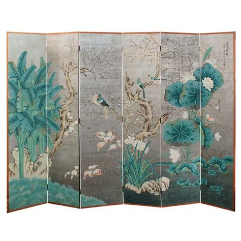 Exceptional Hand Painted 6 Panel Screen With Silver Leaf Silver Leaf