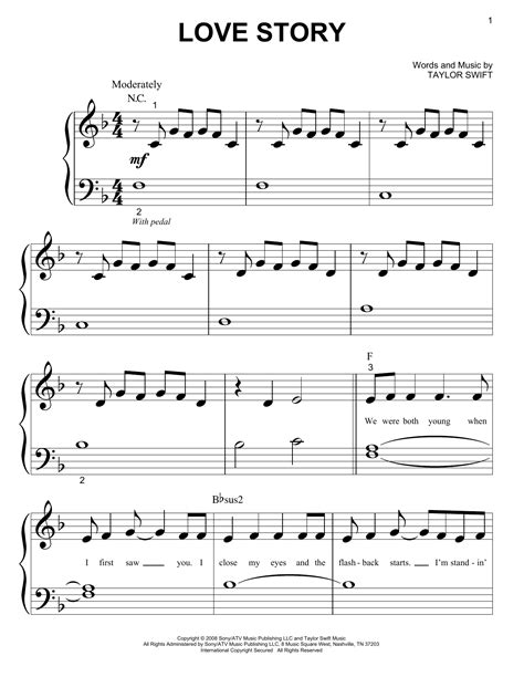 Love Story Sheet Music Taylor Swift Big Note Piano