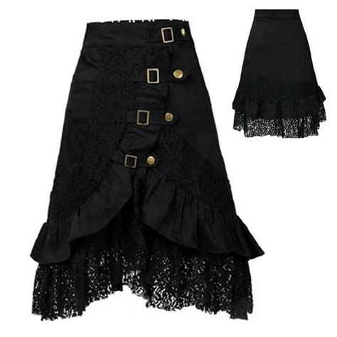 Steampunk Skirts Women Black Lace Midi Hip Pop Ruffled Skirt New Gothic