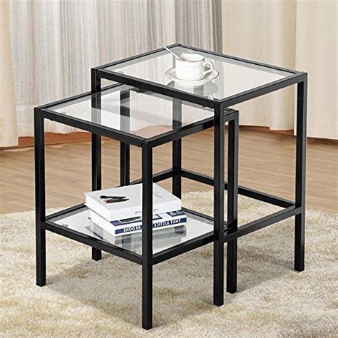 Price Tracking For Yaheetech Pair Of Modern Glass Nesting Tables Black Metal Frame With Storage
