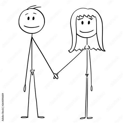 Cartoon Stick Figure Drawing Conceptual Illustration Of Front Of Naked Or Nude Human Pair Of Man