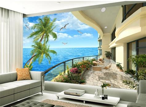 Balcony Tv Setting Wall Scenery 3d Room Wallpaper Landscape 3d Murals