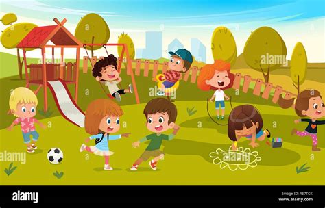 Los niños jugar en el parque infantil ilustración vectorial. Columpio