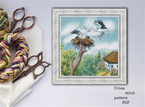 Stork Nest Cross Stitch Pattern Pdf Embroidery Design Modern Etsy