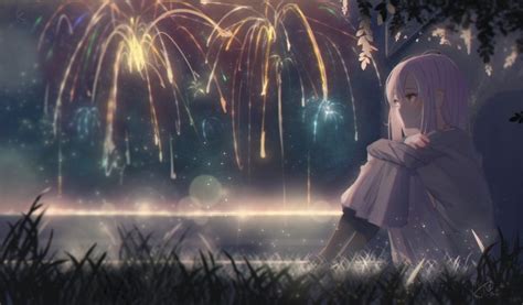 Wallpaper Anime Girl Fireworks Festival Bicolored Eyes